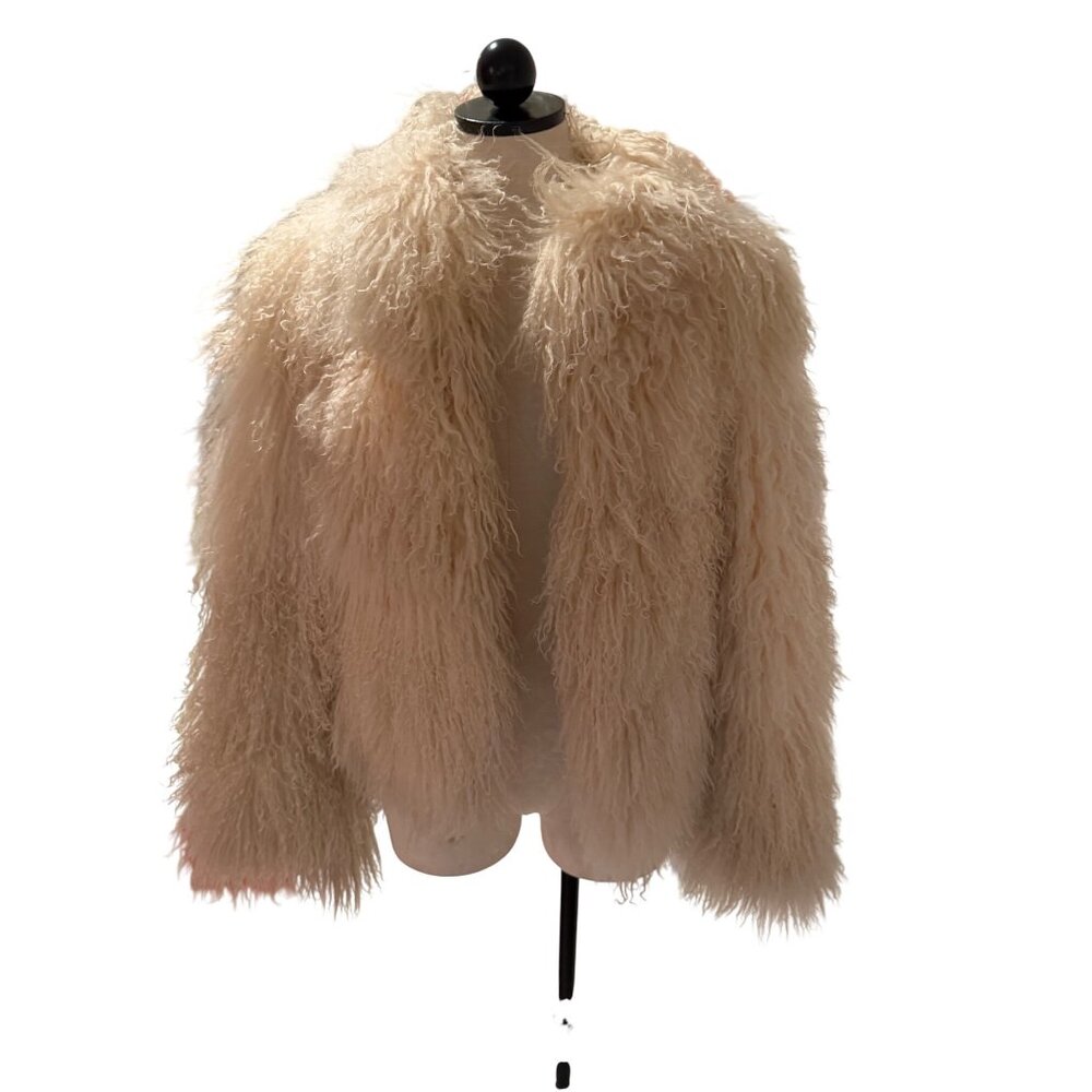 Vintage Mongolian Lamb Fur Womens Jacket Size Medium Cream Long Sleeve Lined - Picture 5 of 13